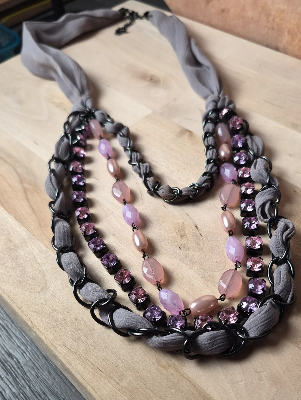 Multi-Strand Pink & Lavender Statement Necklace with Gray Fabric